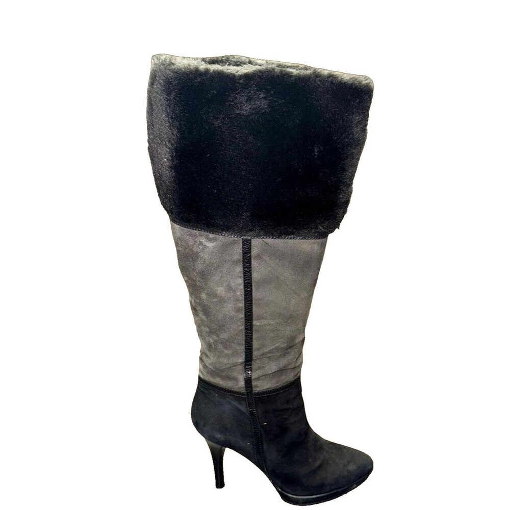 B. Makowsky Knee High Platform Boots Women's 7 Gray Black Leather Side Zip Fall